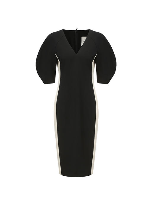 【黑松露】撞色拼接设计弧形袖收腰连衣裙23000060 商品图4