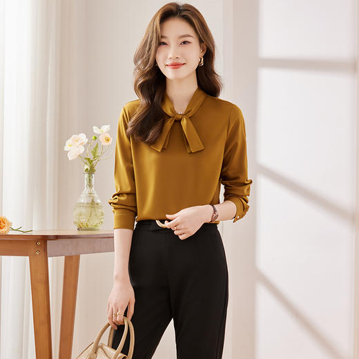 Q6896新款长袖衬衫百搭小众洋气系带显瘦时尚春秋宽松纯色韩版 商品图1