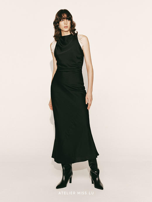 【破碎月光】交叉露背褶皱设计收腰拼纱长裙230000016 商品图1