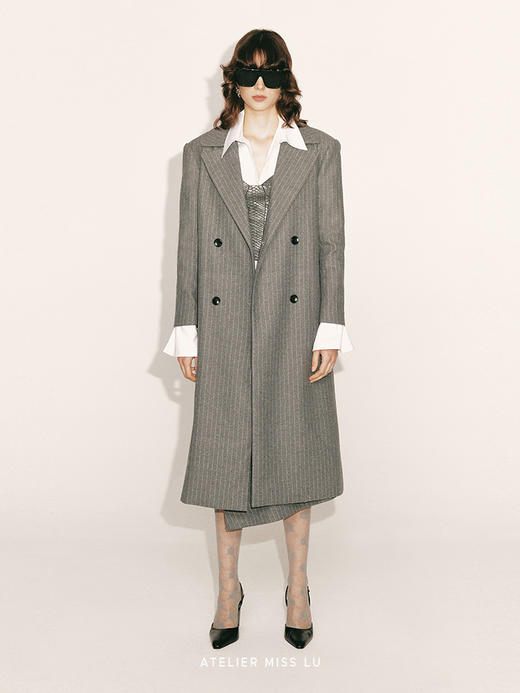 【雨季天空】绵羊毛条纹宽肩廓形长款西装外套230000029B 商品图0