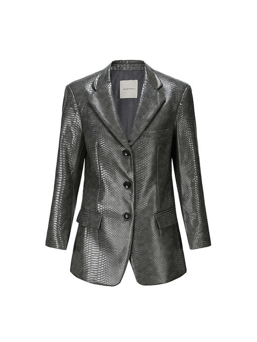 【银色月光】鳄鱼压纹环保皮质宽肩廓形收腰外套230052C 商品图4