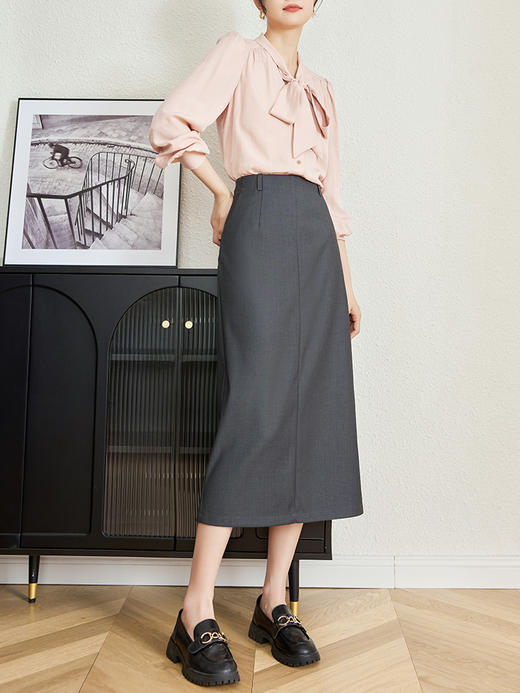 【专属特价】熙世界复古灰色中长款西装半身裙女秋新款通勤职场开叉直筒包臀裙 商品图4