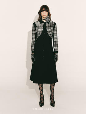 【夜色巴黎】粗花呢拼接垫肩收腰A字长款外套230000026A