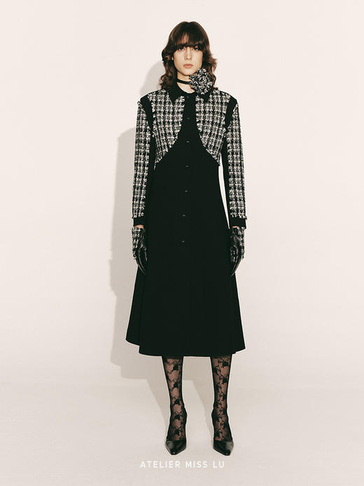 【夜色巴黎】粗花呢拼接垫肩收腰A字长款外套230000026A 商品图0