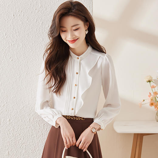 Q6726轻奢衬衫女春夏新款法式小衫高级感荷叶边气质洋气立领衬衣 商品图3