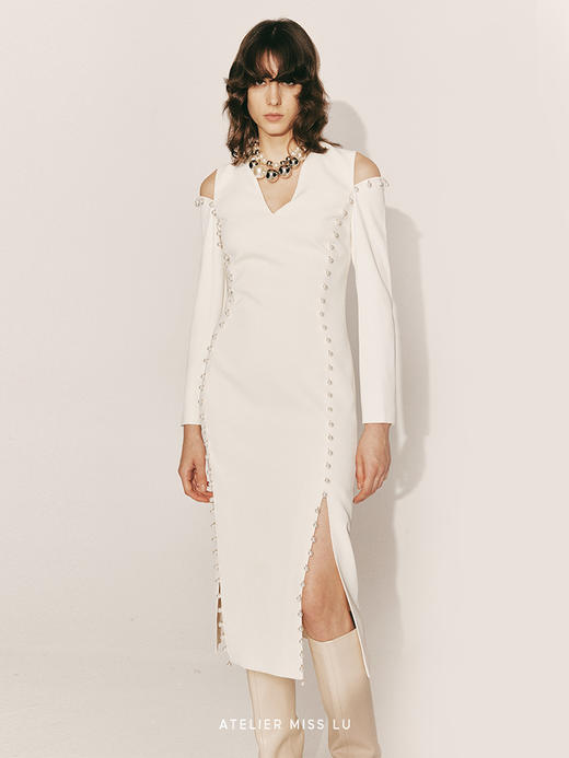 【繁星纵变】长排手工订珠修身露肩连衣裙23000053B 商品图1