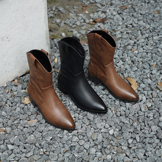 西遇西部牛仔靴女新款秋季复古美式废土风尖头厚底短靴中筒靴D1933936 商品图4