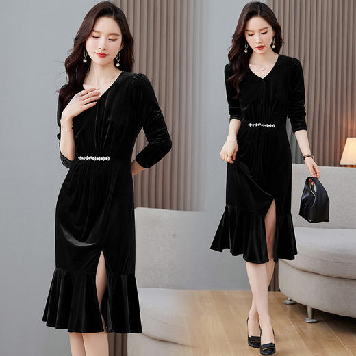 秋装新款，金丝绒修身鱼尾连衣裙HR-LMYS637 商品图1