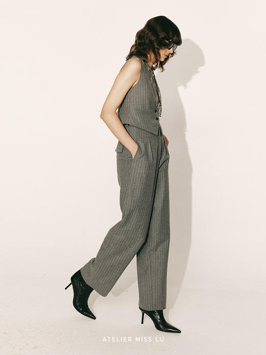 【踏雾】绵羊毛条纹宽筒西裤2300042B 商品图2