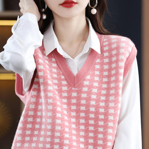 【100%羊毛V领羊毛衫】秋冬格子马甲 拼色宽松坎肩 羊绒毛衣针织背心 商品图5