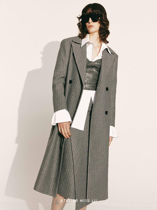 【雨季天空】绵羊毛条纹宽肩廓形长款西装外套230000029B 商品图2