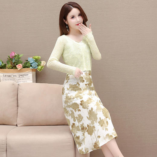 简约时尚，秋款印花中长款雪纺连衣裙长袖轻薄外套两件套QYM-FL-F23B07-L 商品图2