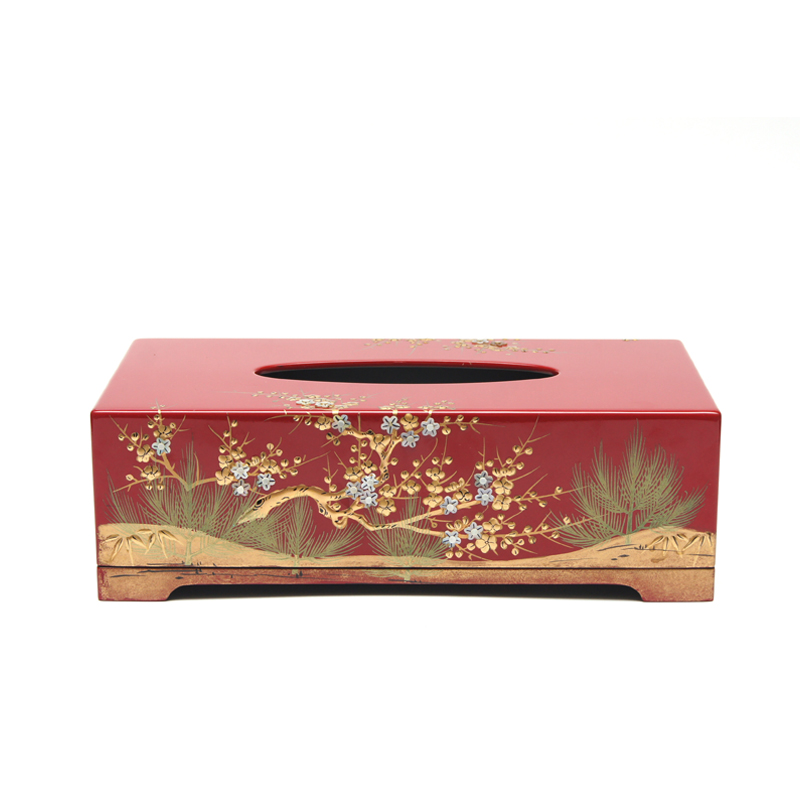 【梵谷漆器】 镶贝堆漆彩绘夜梅纸巾盒（红色/黑色）