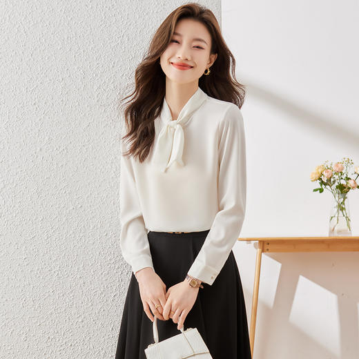 Q6896新款长袖衬衫百搭小众洋气系带显瘦时尚春秋宽松纯色韩版 商品图3