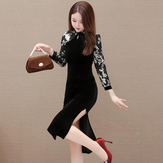 时尚复古，包臀裙秋季长袖裙黑色拼花裙中长款一步裙旗袍连衣裙QYM-YX-MQ26168-Y 商品图1