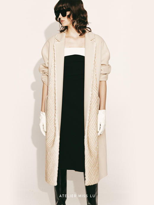 【冬日黄昏】短绒压纹环保皮草拼接长款绵羊毛大衣230000033 商品图1