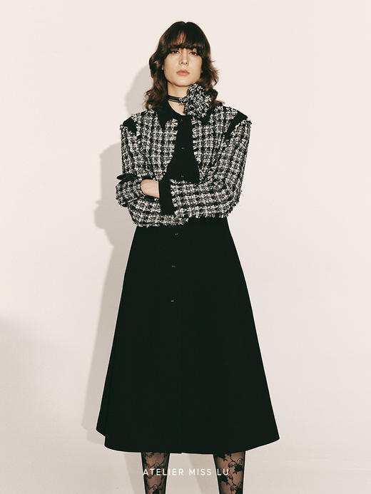 【夜色巴黎】粗花呢拼接垫肩收腰A字长款外套230000026A 商品图2