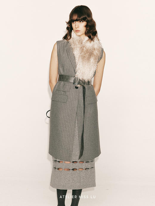 【烟雨】绵羊毛条纹宽肩中长款直身马甲230000028B 商品图3