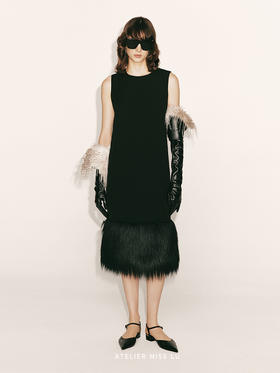 【凡尔赛迷雾】裙摆环保皮草重工拼接直身连衣裙230000012