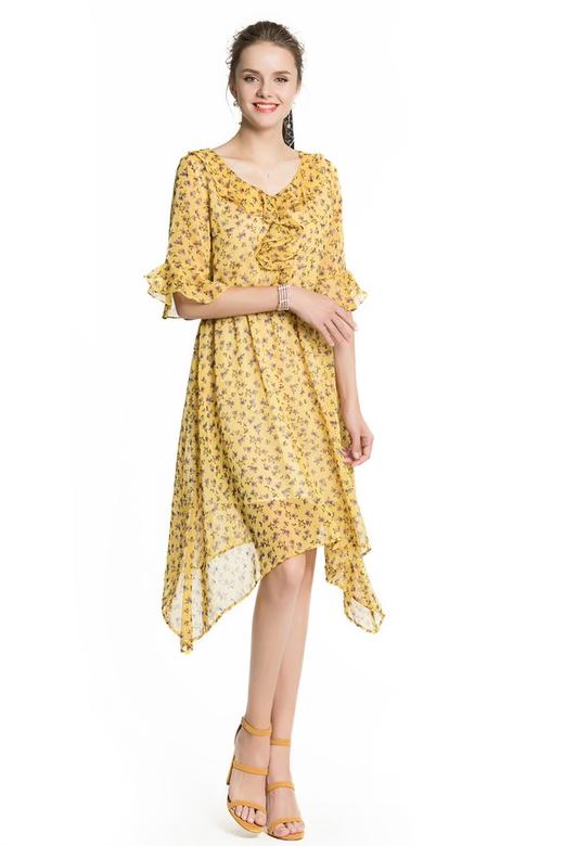 ibudu伊布都 印花荷叶边雪纺连衣裙 3495 商品图0