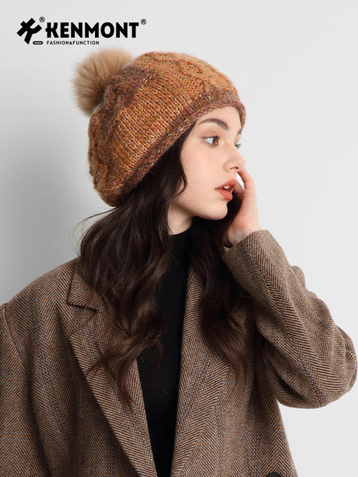 卡蒙狐狸毛球手工编织羊毛毛线帽护额女运动护耳保暖针织帽 商品图4