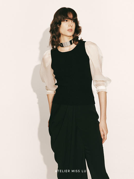 【人鱼泡沫】泡泡纱袖弹力针织上衣230055 商品图1