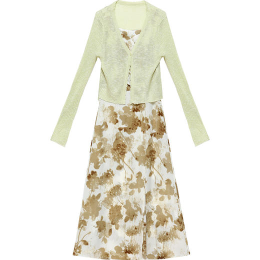 简约时尚，秋款印花中长款雪纺连衣裙长袖轻薄外套两件套QYM-FL-F23B07-L 商品图4