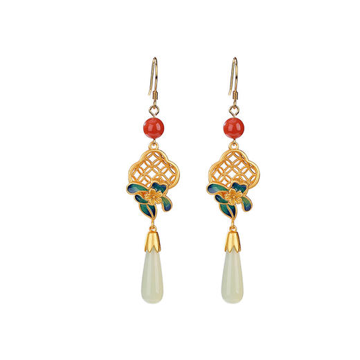 S925纯银镀金和田玉，国潮景泰蓝复古钱币四叶梅花长款耳坠CW-247 商品图4