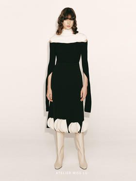 【月亮河】肩部镂空撞色拼接高领羊绒上衣230041B