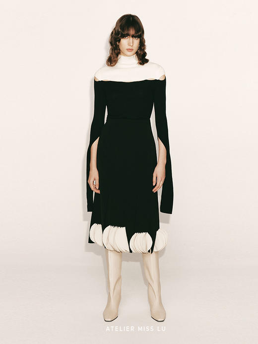 【月亮河】肩部镂空撞色拼接高领羊绒上衣230041B 商品图0