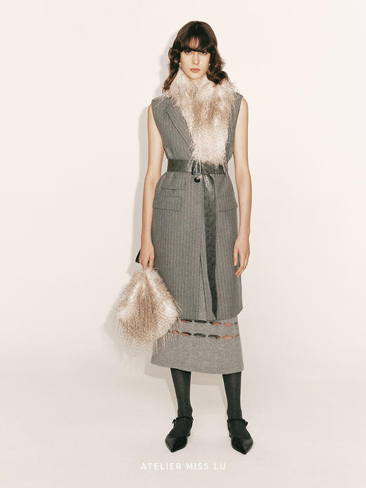 【烟雨】绵羊毛条纹宽肩中长款直身马甲230000028B 商品图0