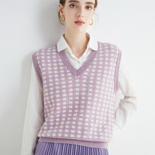 【100%羊毛V领羊毛衫】秋冬格子马甲 拼色宽松坎肩 羊绒毛衣针织背心 商品图1