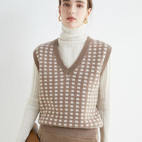 【100%羊毛V领羊毛衫】秋冬格子马甲 拼色宽松坎肩 羊绒毛衣针织背心