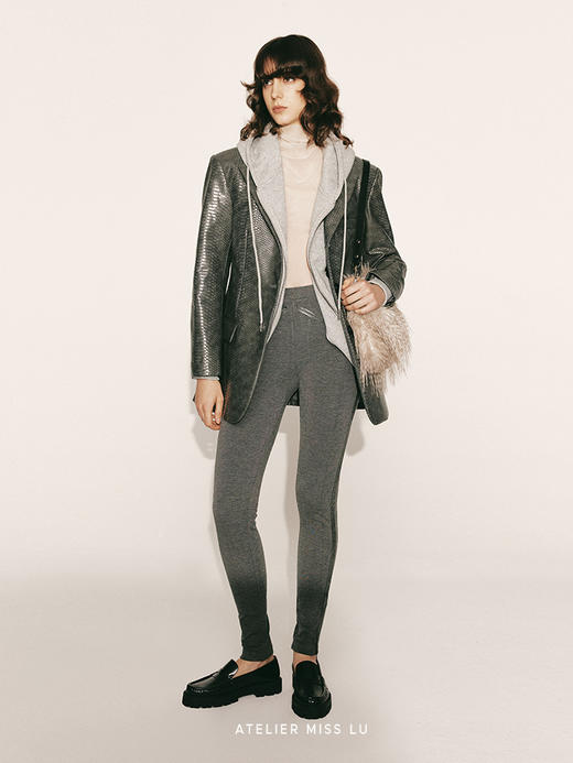 【银色月光】鳄鱼压纹环保皮质宽肩廓形收腰外套230052C 商品图1