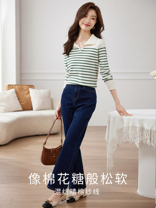 【1件82折】熙世界条纹长袖针织衫女2025年早秋新款宽松慵懒海魂风POLO打底衫 商品图3