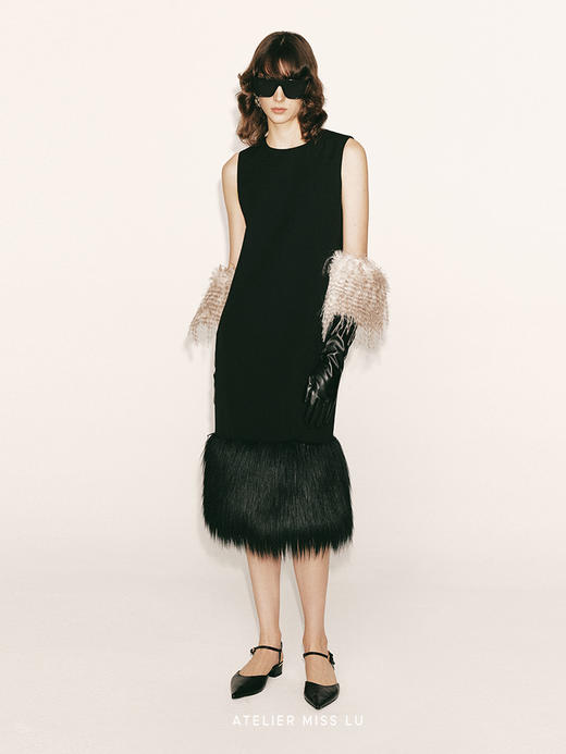 【凡尔赛迷雾】裙摆环保皮草重工拼接直身连衣裙230000012 商品图1