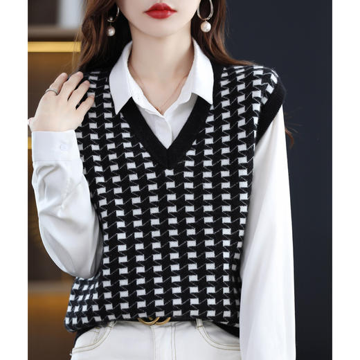【100%羊毛V领羊毛衫】秋冬格子马甲 拼色宽松坎肩 羊绒毛衣针织背心 商品图3