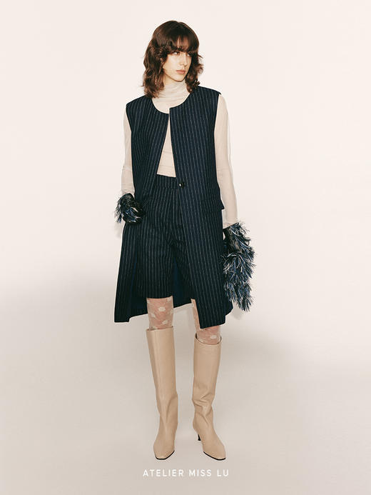 【深海流星】绵羊毛条纹宽肩中长款直身马甲230000028A 商品图1