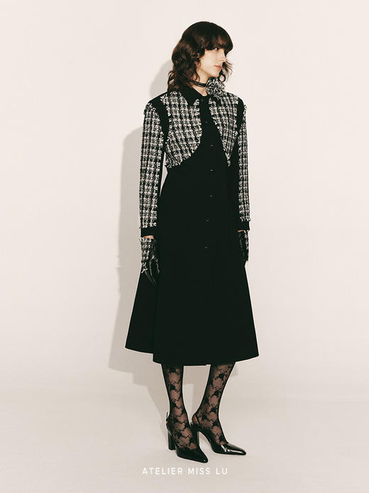 【夜色巴黎】粗花呢拼接垫肩收腰A字长款外套230000026A 商品图1