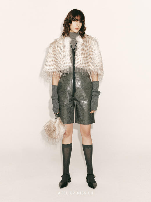 【银色月光】鳄鱼压纹环保皮质中裤2300034C 商品图0