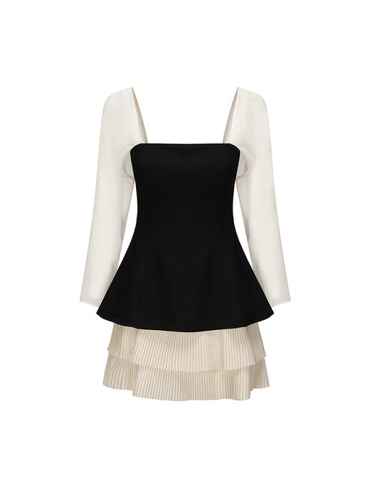 【卡利卡】撞色百褶裙摆拼接纱袖收腰连衣裙23000050 商品图4