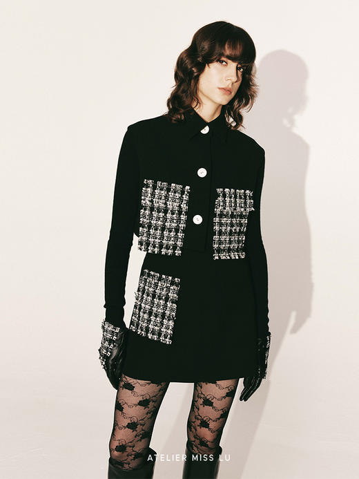 【方糖】粗花呢拼接短款马甲上衣230049 商品图3