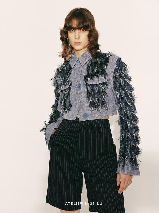 【丹宁波斯猫】羽翼流苏拼接窄身短款外套230048B 商品图1