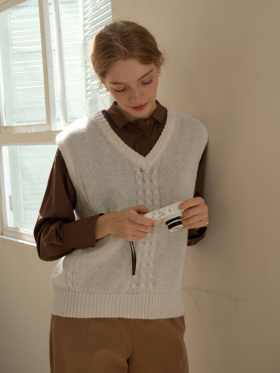 SimpleRetro法式v领针织衫马甲背心女早秋叠穿慵懒风无袖毛衣上衣