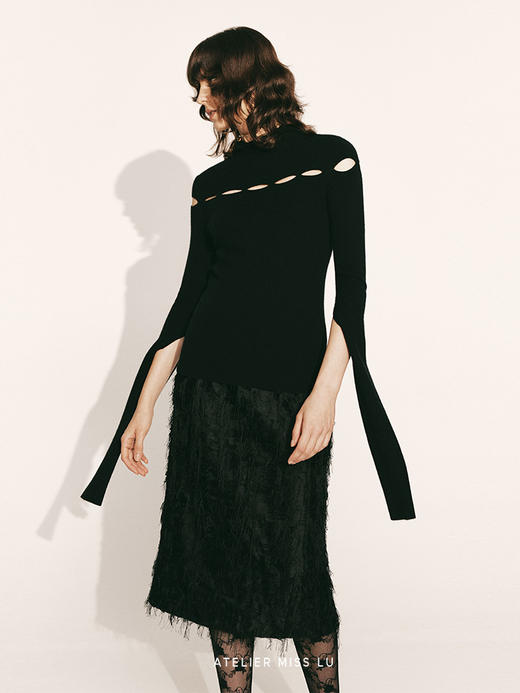 【一步之遥】纤细羽毛流苏直身半裙2300028A 商品图1