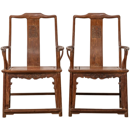 清 红木镶瘿木夔龙纹南官帽椅（一对） 商品图5