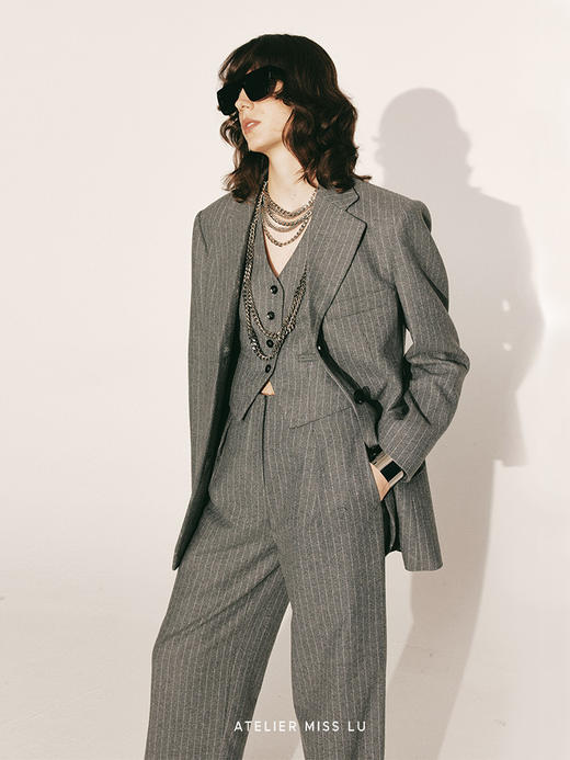 【烟熏】绵羊毛宽肩廓形条纹西装外套230052B 商品图2