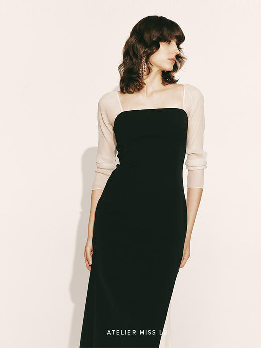 【路易夫人】V形撞色拼接鱼尾纱袖连衣裙230000014 商品图3