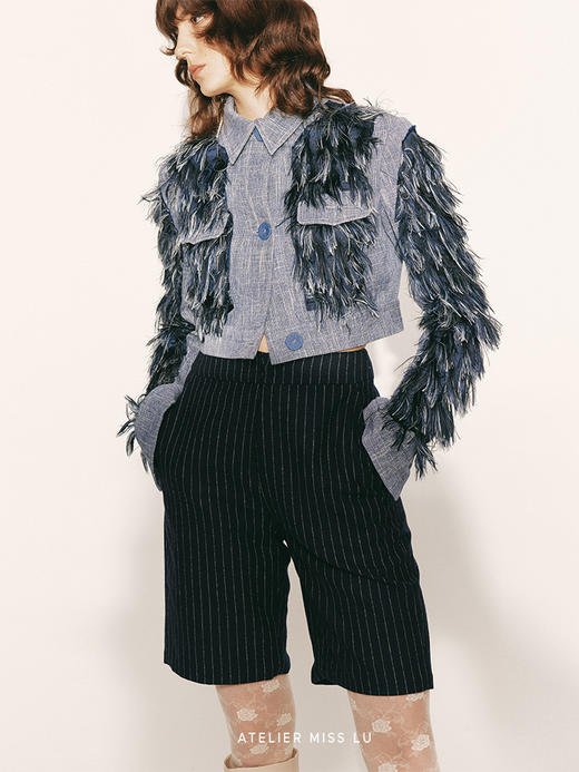 【丹宁波斯猫】羽翼流苏拼接窄身短款外套230048B 商品图3