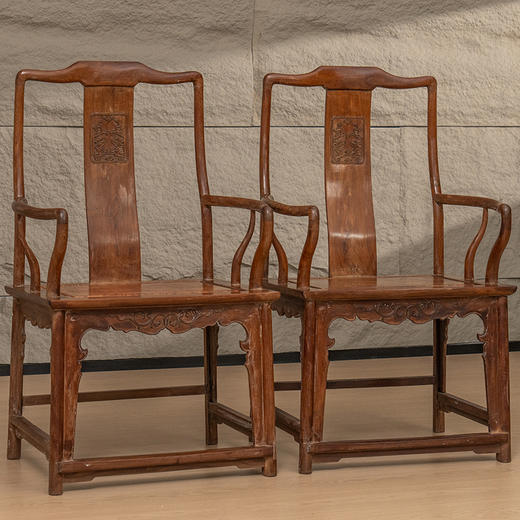 清 红木镶瘿木夔龙纹南官帽椅（一对） 商品图4